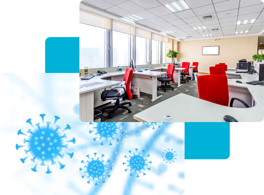 Montage of images with a space with offices and a bacterium image